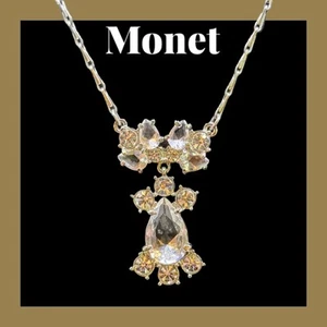 Vintage MONET Pendant Necklace CRYSTAL & SILVERTONE 16-18" FORMAL Audrey Hepburn - Picture 1 of 14