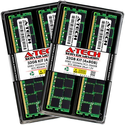 A-Tech 32GB 4x 8GB 2Rx4 PC3-10600R DDR3 1333MHz ECC RDIMM REG Server Memory RAM - Image 1 of 4