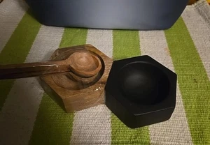NWT Mango Wood Salt Pepper Cellar Hexagon Dish + Spoons Black Natural Modern Set - Picture 1 of 7