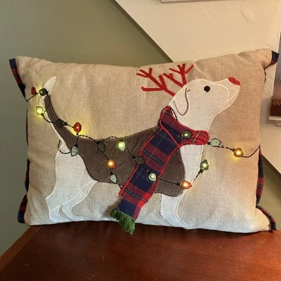 Pier 1 Lighted Christmas Lumbar Throw Pillow Reindeer Dog 17” x  12” Works - Image 1 of 4