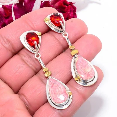 Rhodochrosite & Red Garnet 925 Sterling Silver Two Tone Earring 1.95" E83926 - Image 1 of 4