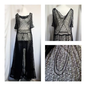 Antique Art Deco 1920s 1930s Gatsby Downton Black Lace Flapper Evening Dress - Picture 1 of 21