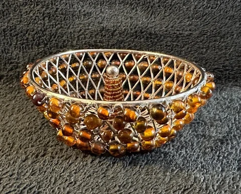 Small Vintage Beaded Wire Jewelry Basket: Amber Glass Beads in Boho Style Cover