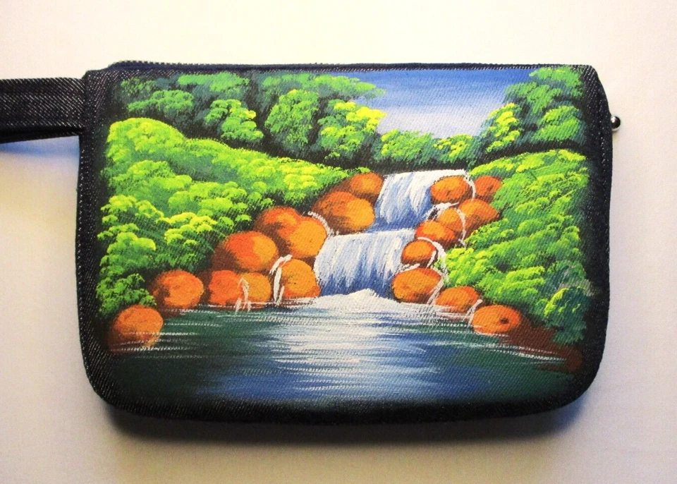 Bolso sin asas pintado a mano de mezclilla oscura bolso de mano pintura en cascada bosque Foto 1 de 4