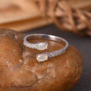2 Stone Opal & White Topaz Sterling Silver Bypass Band Ring For Wedding Party