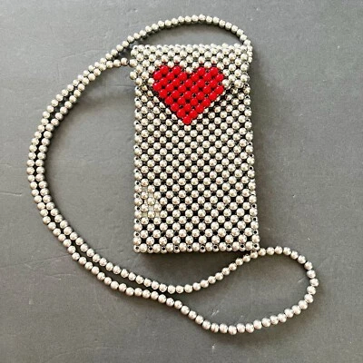 Silver Beaded Crossbody Mini Bag Valentines Red Heart Cell Holder Evening Love - Image 1 of 4