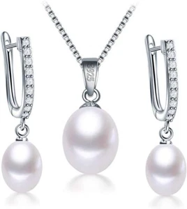 Jewelry Set Pearl Pendant Necklace &Pearl Earrings Set 925 Sterling sliver Gift - Picture 1 of 6
