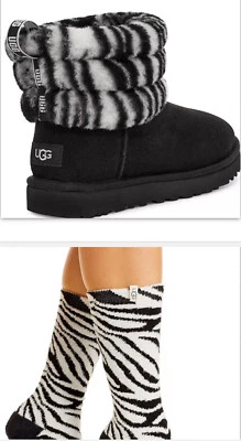 $180 NWT +Box UGG Australia Women’s 7 Classic Mini Zebra Cuff Black Boots +Socks - Image 1 of 4