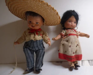 VINTAGE 1930'S era COMPO 8" MEXICAN FOLK boy/girl Dolls w Great Sombrero EUC - Picture 1 of 9