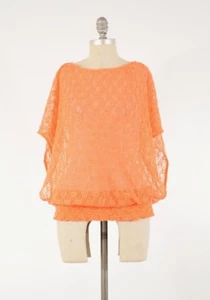Blusa Trina Turk S Naranja Brillante Algodón Transparente Encaje Drapeado Hombro Ropa Resort - Imagen 1 de 7