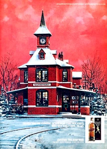 JOHNNIE WALKER RED SCOTCH—SMALL TOWN TRAIN DEPOT AT CHRISTMAS—1980 PRINT AD - Picture 1 of 1