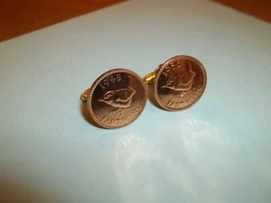 FARTHING COIN CUFFLINKS - BRONZE & GOLD - WREN - 1939 to 1955 - Picture 1 of 6