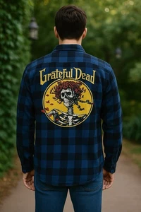 Grateful Dead Flannel Shirt Large Blue Black Buffalo Plaid Skull & Roses Graphic - Picture 1 of 6