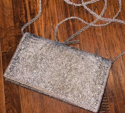 Vintage-Style Silver Beaded Evening Bag Clutch Purse Strap — Hand Beaded - Image 1 of 4