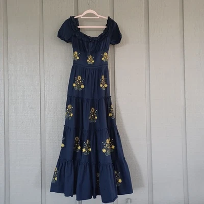 Wayward Fancies Floral Embroidery Maxi Dress SZ S Boho Cotton Blend Poplin Tier - Image 1 of 4