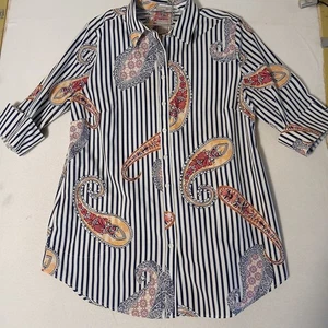 Chicos Button Down Shirt Size 1(M) Blue White Striped Paisley Print Collared... - Picture 1 of 7