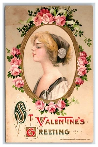 1910 Winsch Schmucker Valentine Postcard Lovely Woman Profile Headband floral - Picture 1 of 2