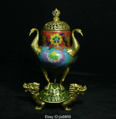 23 cm Bronce Chino Cloisonne Esmalte Grulla Tortuga Estatua Quemador Incienso Censario Foto 1 de 4
