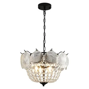 4-Lights Farmhouse Crystal Chandelier,Modern Shell Glass Shade Pendant Light ... - Picture 1 of 7