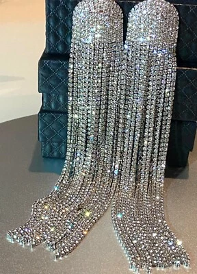 Long Tassel Chandelier Earrings W Swarovski Crystal Platinum Plated Gorgeous - Image 1 of 4