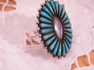 VINTAGE DEAD PAWN ZUNI TURQUOISE NEEDLEPOINT RING stamped sterling SZ 9.5 - Picture 1 of 6