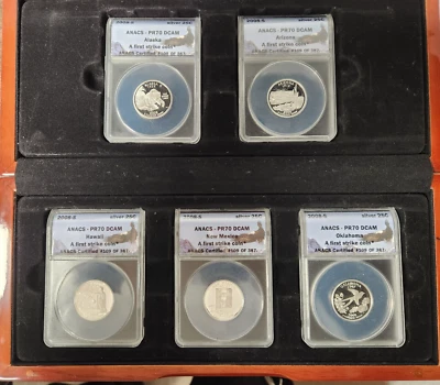 Set of 5 - 2008 S Proof Silver 25¢ ANACS PR70 DCAM Deep Cameo Wooden Display - Image 1 of 2