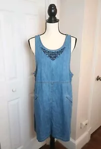 Vtg 90s Y2K Liz Wear Women's Sz M Blue Jean Denim Embroidered Jumper Dress - Picture 1 of 11