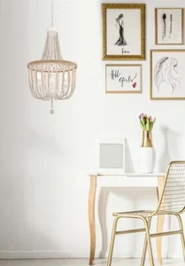 Chandelier Light Fixture Farmhouse Antique White Wood Bead Retro Rustic Pendant - Picture 1 of 9