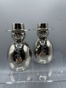 Crate And Barrel Silver Snowmen Taper Candleholders Carrot And Coal Nose - Picture 1 of 4