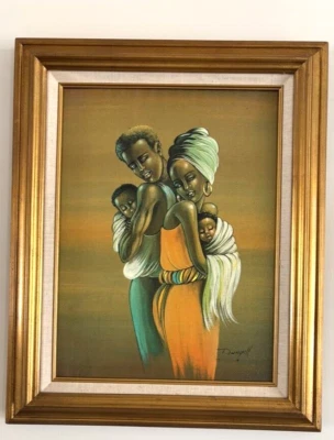 Elaine DUNGILL African Family Litho on Canvas Gold Frame Personal Preference Vtg - Image 1 of 4