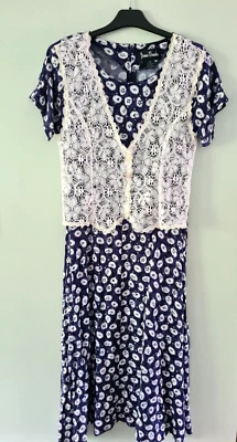 Vintage 1990s UK12 90s Boho Midi Summer Tea Dress Lace Waistcoat Blue Floral  - Image 1 of 4