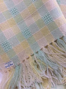 Vintage HAND WOVEN Wool BABY BLANKET Girl PASTEL FRINGED Made by Dorothy Davis - Picture 1 of 6