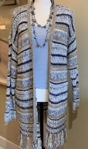Chico's offene Strickjacke Pullover Gr. 1 blau gold beige Fransen mit Halskette - Bild 1 von 9
