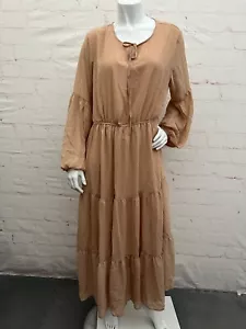 BTFBM Women's Floral V-Neck long sleeve Long Maxi Beige Dress Elastic waist XL - Picture 1 of 11