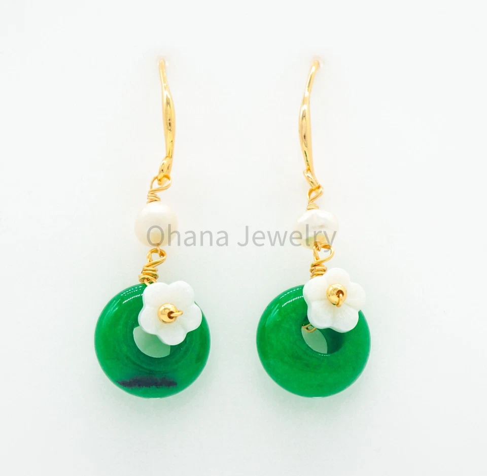 Natural Green Jade Freshwater Pearl Dangling Drop Earrings - Donut Flower - Imagem 1 de 1