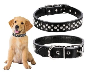 Rhinestones Pet Dog Collars Adjustable Sparkly Crystal Studded Genuine Leathe... - Picture 1 of 8