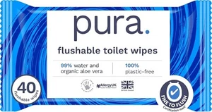 Pura Flushable Moist Toilet Tissue Wipes 1 Pack of 40 Wet Wipes Vegan 99% Water - Picture 1 of 6