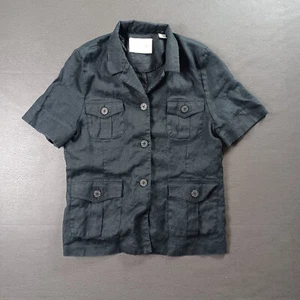 Lord & Taylor Top Womens 12P Linen Pockets Safari Black Short Sleeve Breathable - Picture 1 of 9