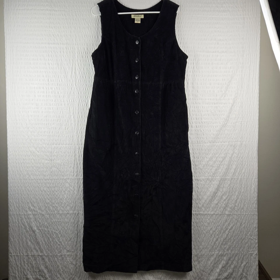 Vestido midi Eddie Bauer para mujer vintage negro de pana con botones delanteros talla M de algodón Foto 1 de 4