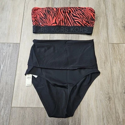 Conjunto de bikini Michael Kors Aerie cebra bandeau top negro inferior para mujer pequeño Foto 1 de 4