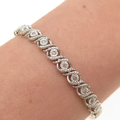 925 Sterling Silver Real Round-Cut Diamond Tennis Link Bracelet 7.25" - Image 1 of 4