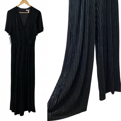 Anthropologie HUTCH Velvet Stripe Wide Leg Jumpsuit Size 12 Black Event Ocassion - Image 1 of 4