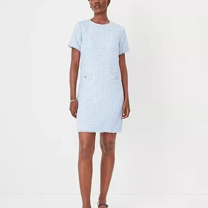 Ann Taylor Tweed Kleid weiß babyblau kariert mit Goldknöpfen schick Gr. 10 - Bild 1 von 12