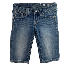 MISS ME Girls Sz 12 Bermuda Denim Jean Shorts Mid Rise Bling Flap Pockets Long - Picture 1 of 15