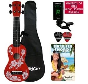 Ukulele With Case Picks Clip On Tuner Beginners Red Hawaii - Picture 1 of 8