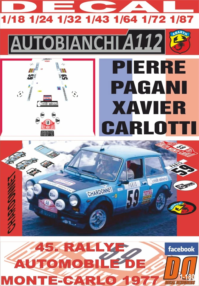 DECAL AUTOBIANCHI A112 ABARTH P. PAGANI R. MONTECARLO 1977 DnF (04) - Immagine 1 di 1