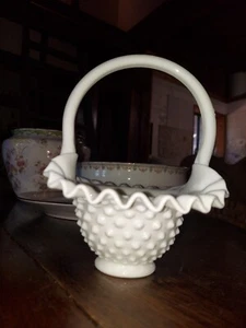 Vintage Fenton White Hobnail Milk Glass Basket With Handle Candy Dish 8” - Picture 1 of 4