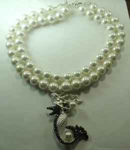 Statement 2 Strand Shell Pearl Necklace with Mermaid & Rhinestones Bridal - Picture 1 of 3