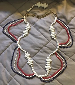 Vintage Beaded Chain Belt Red White Blue Mod 70's Gold Tone Metal Belt - Picture 1 of 6