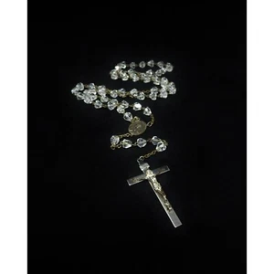 VTG Clear Glass Rosary Beaded 36" Crucifix Cross Necklace Unisex Religious - Picture 1 of 7
